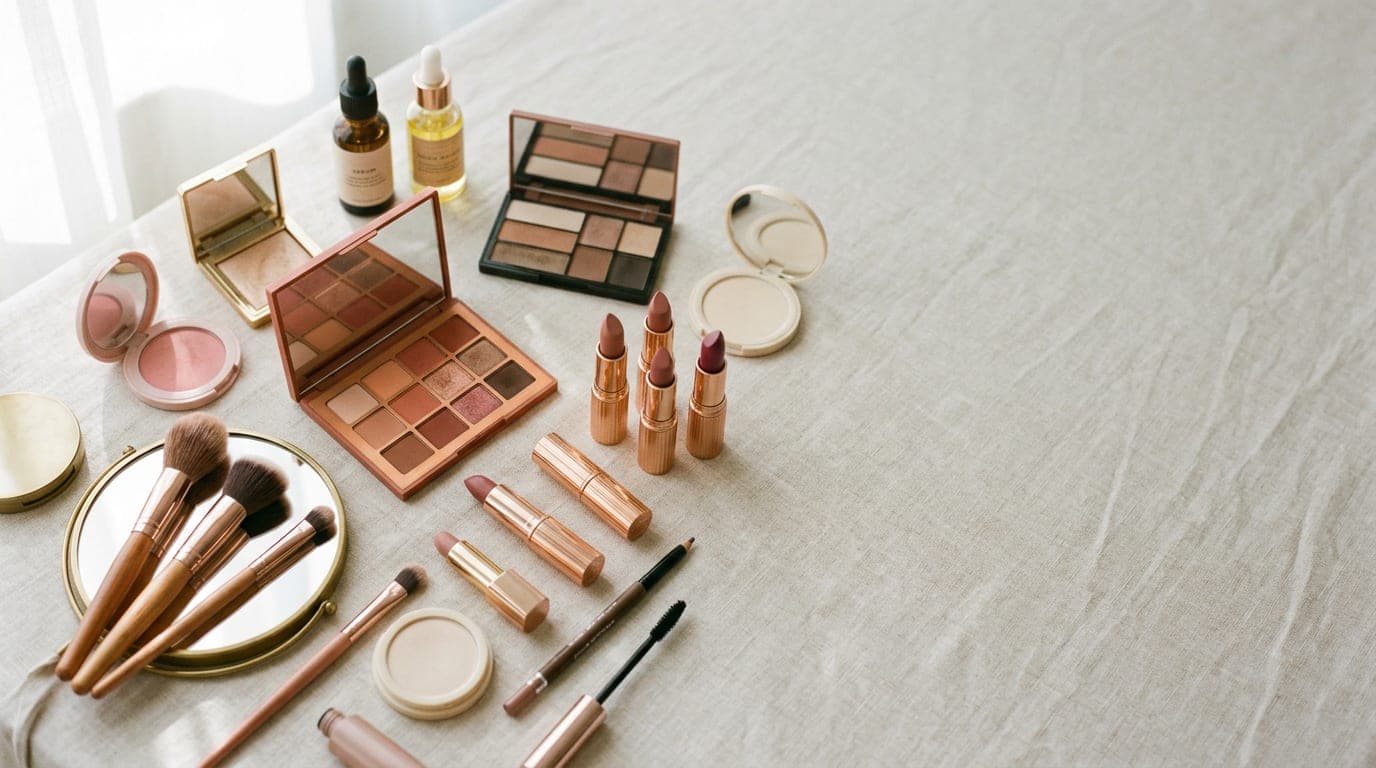 Cosmetics products arranged on a clean surface with brushes and mirrors in natural daylight.